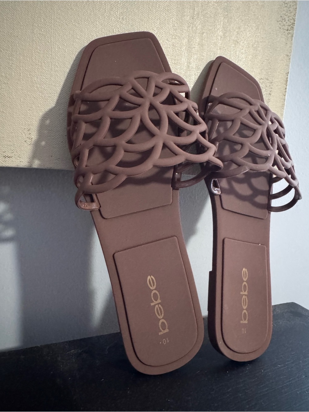 bebe Brown Braided Square-Toe Slide Sandals